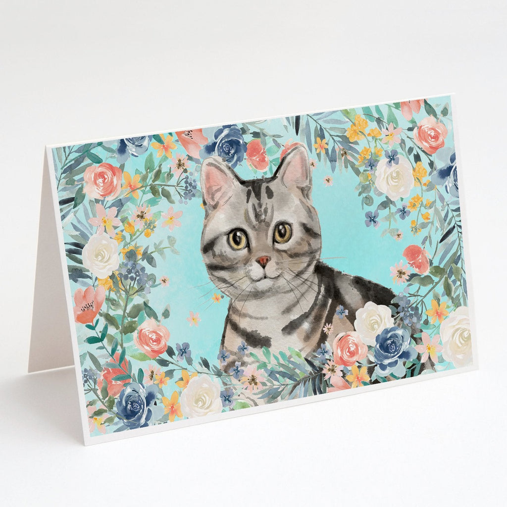 American Shorthair Spring Flowers Greeting Cards Pack of 8 Blank Cards with Envelopes Whimsical A7 Size 5x7