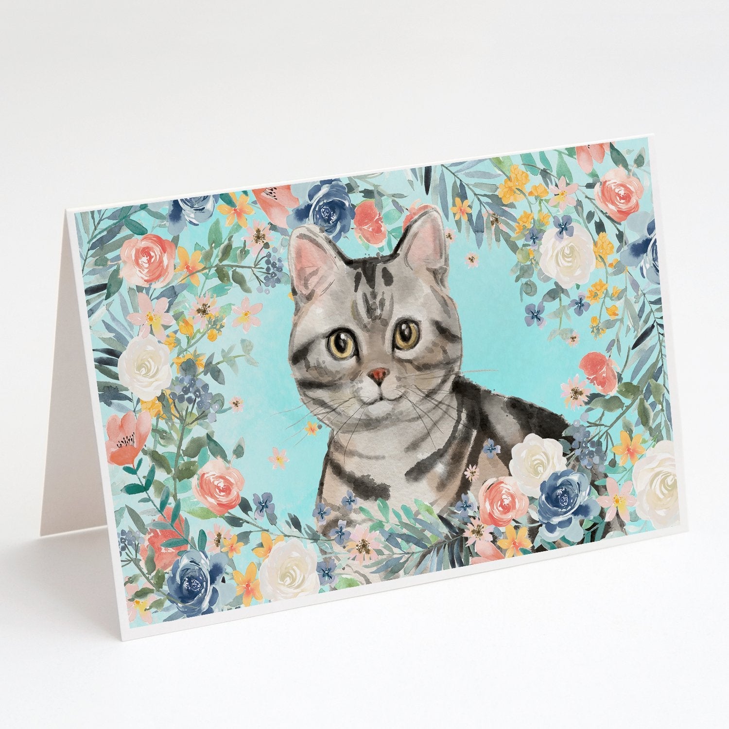 American Shorthair Spring Flowers Greeting Cards Pack of 8 Blank Cards with Envelopes Whimsical A7 Size 5x7