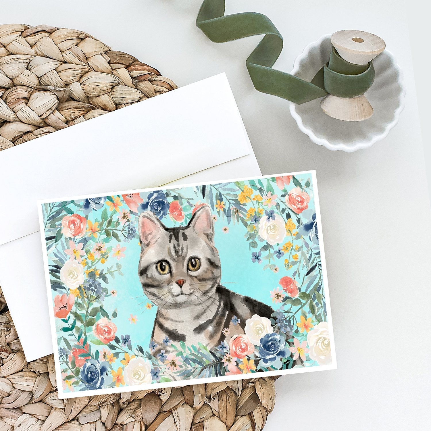 American Shorthair Spring Flowers Greeting Cards Pack of 8 Blank Cards with Envelopes Whimsical A7 Size 5x7