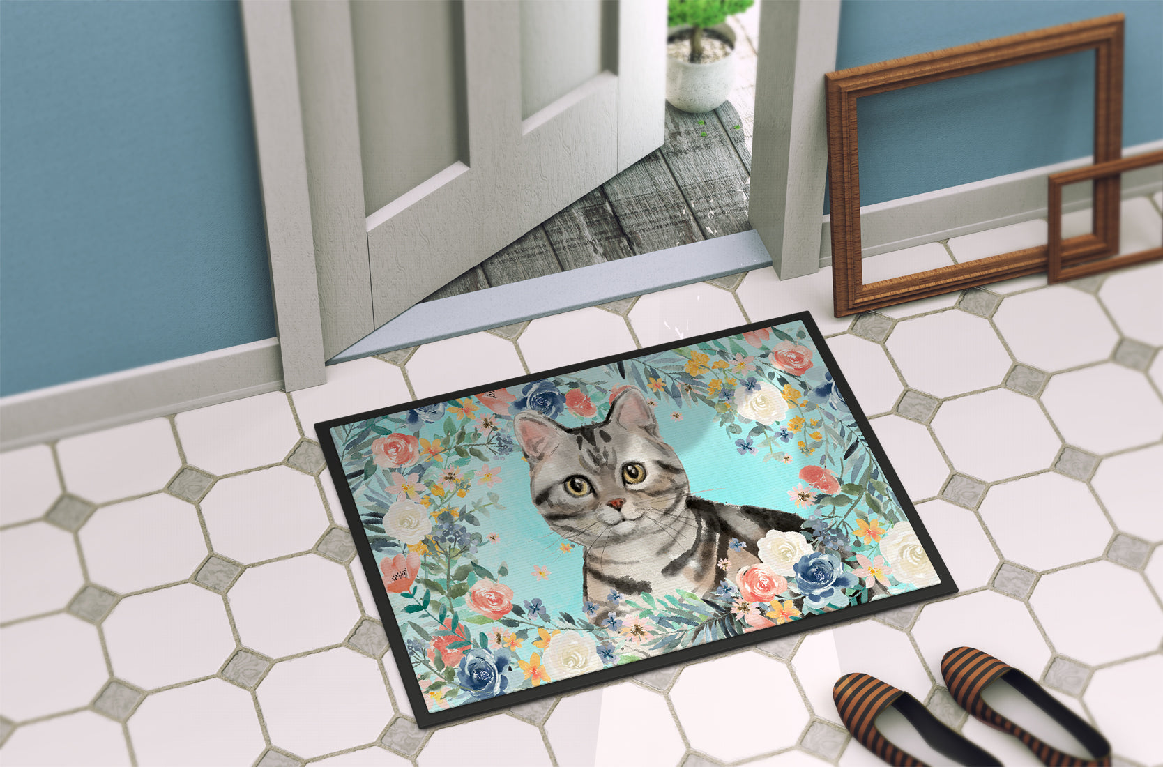 American Shorthair Spring Flowers Doormat Indoor Outdoor 24H X 36W Front Door Mat Rugs for Entryway, Non Slip Washable Low Pile,