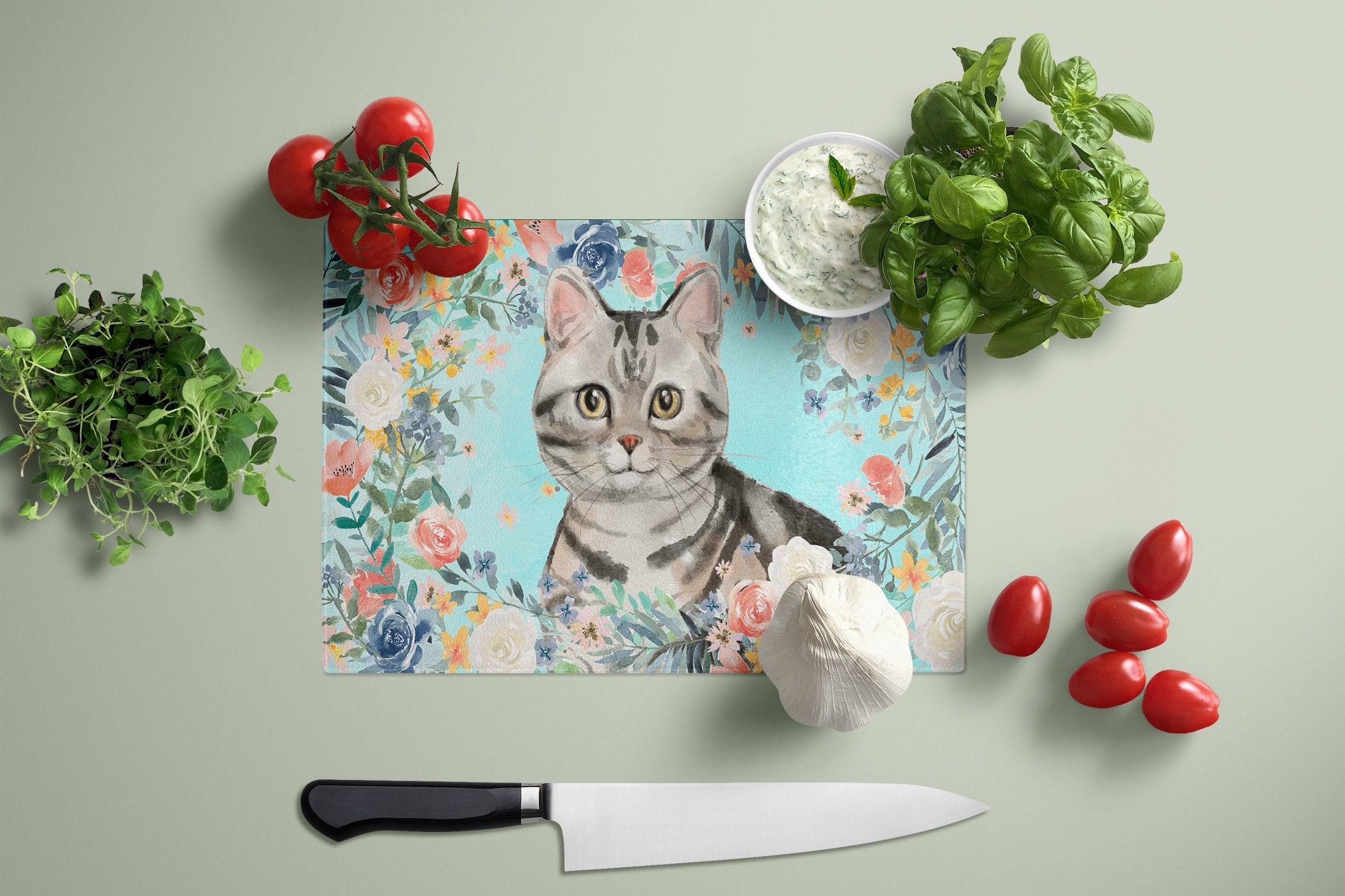 American Shorthair Spring Flowers Cutting Board Tempered Glass Kitchen Cutting Surface, Heat Resistant Chopping, Non-Slip Feet, Food Prep & Serving