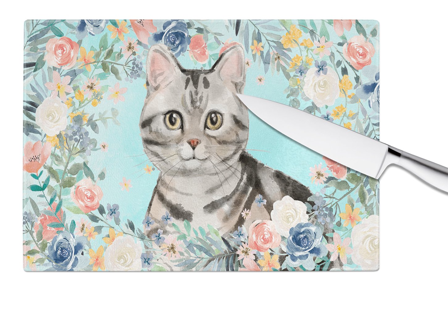 American Shorthair Spring Flowers Cutting Board Tempered Glass Kitchen Cutting Surface, Heat Resistant Chopping, Non-Slip Feet, Food Prep & Serving