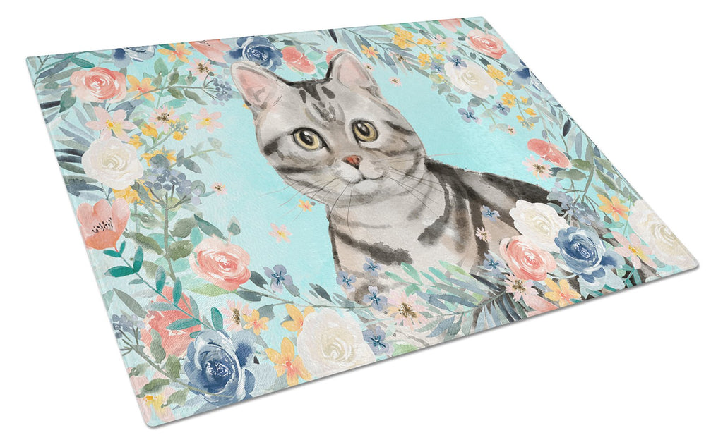 American Shorthair Spring Flowers Cutting Board Tempered Glass Kitchen Cutting Surface, Heat Resistant Chopping, Non-Slip Feet, Food Prep & Serving
