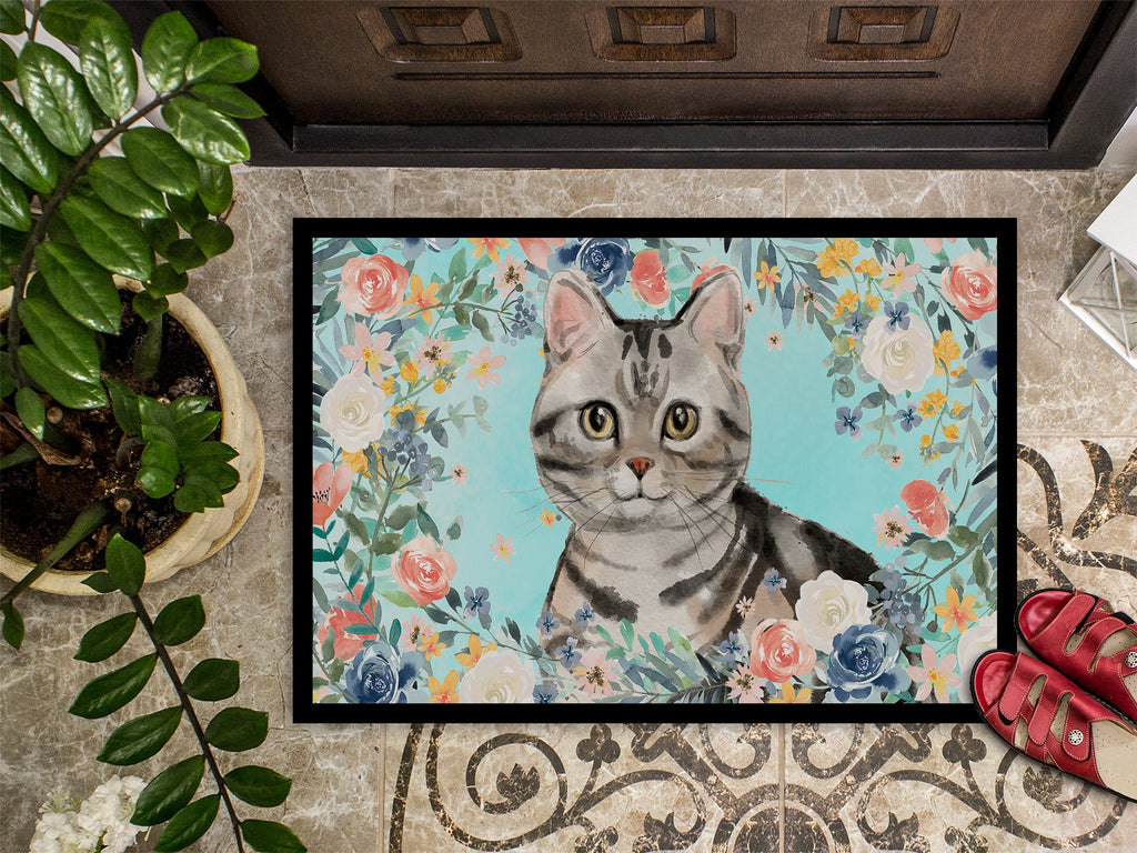 American Shorthair Spring Flowers Doormat Indoor Outdoor 18H X 27W Front Door Mat Rugs for Entryway, Non Slip Washable