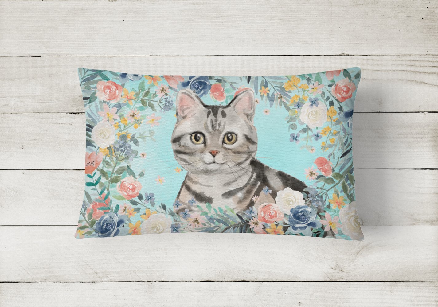 American Shorthair Spring Flowers Decorative Throw Pillow 12x16 Indoor Outdoor Accent Cushion, Fabric Cover with Insert for Sofa, Bed, Porch & Living Room