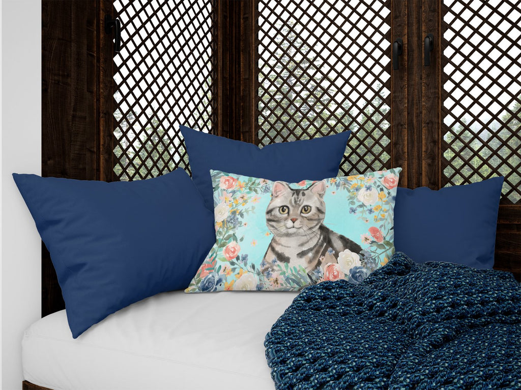 American Shorthair Spring Flowers Decorative Throw Pillow 12x16 Indoor Outdoor Accent Cushion, Fabric Cover with Insert for Sofa, Bed, Porch & Living Room