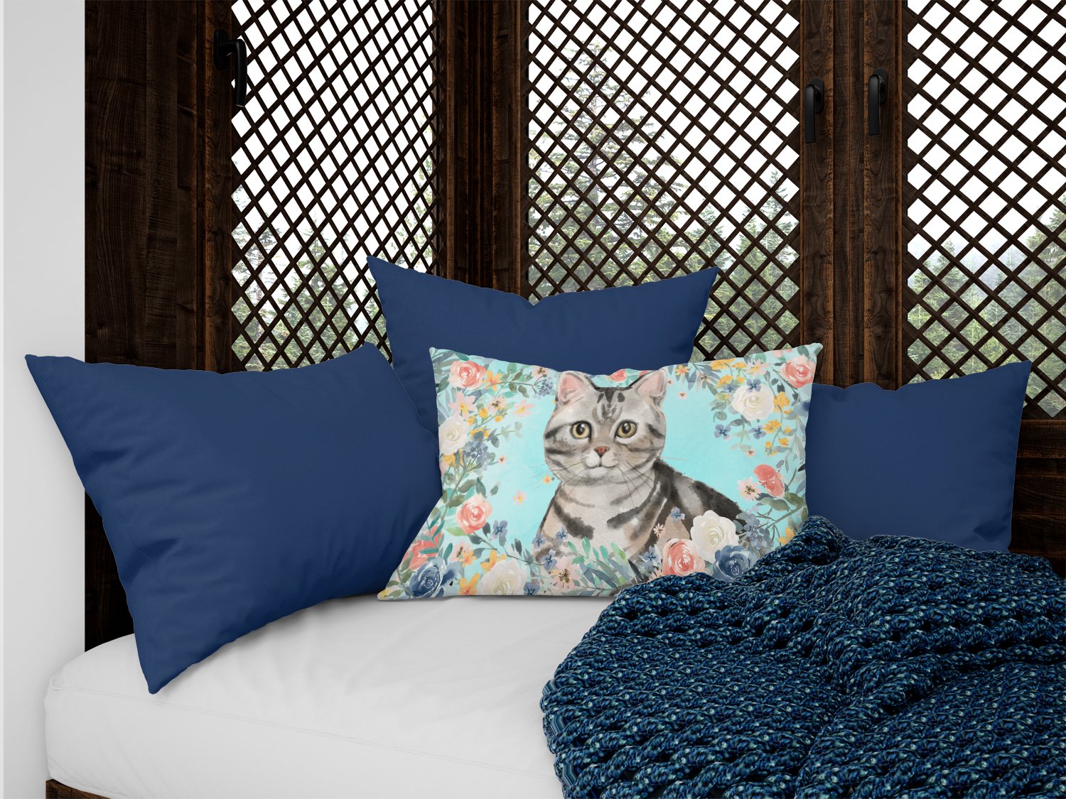American Shorthair Spring Flowers Decorative Throw Pillow 12x16 Indoor Outdoor Accent Cushion, Fabric Cover with Insert for Sofa, Bed, Porch & Living Room