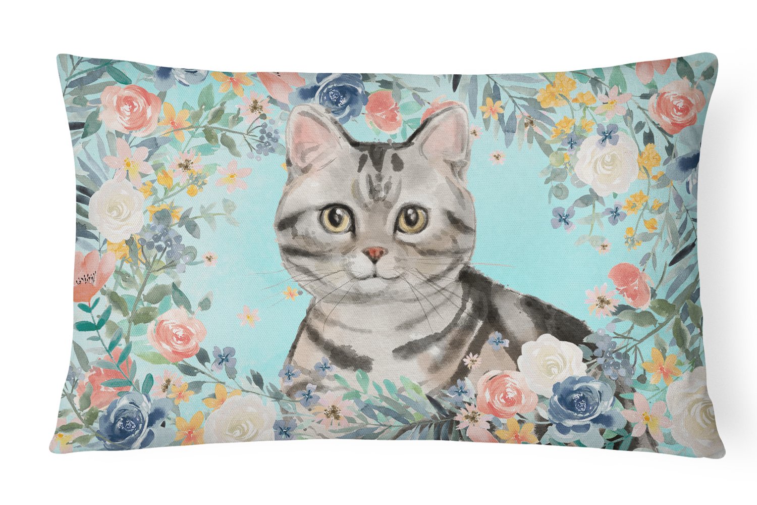 American Shorthair Spring Flowers Decorative Throw Pillow 12x16 Indoor Outdoor Accent Cushion, Fabric Cover with Insert for Sofa, Bed, Porch & Living Room