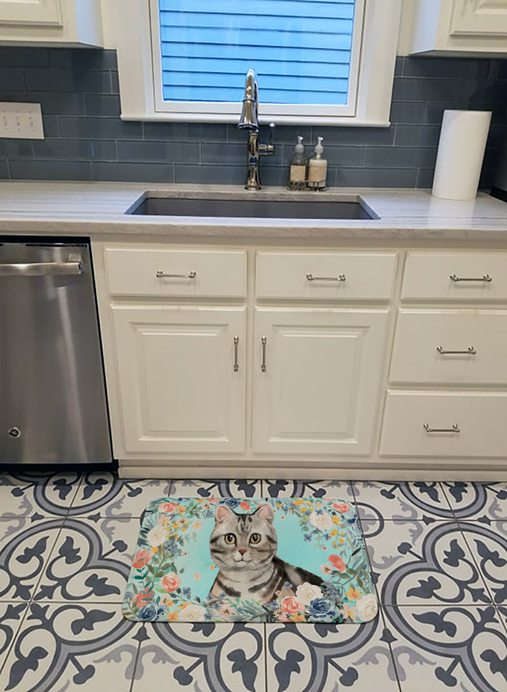 American Shorthair Spring Flowers Memory Foam Kitchen Mat Machine Washable Anti-Fatigue Cushion Comfort Bath or Kitchen Rug