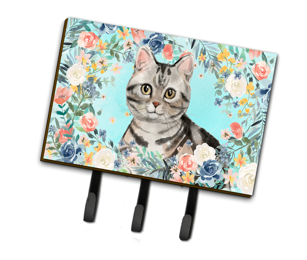 American Shorthair Spring Flowers Leash or Key Holder Wall Hooks, Coat Rack Wall Mount, for Hanging Keys, Towels, Aprons, Leashes