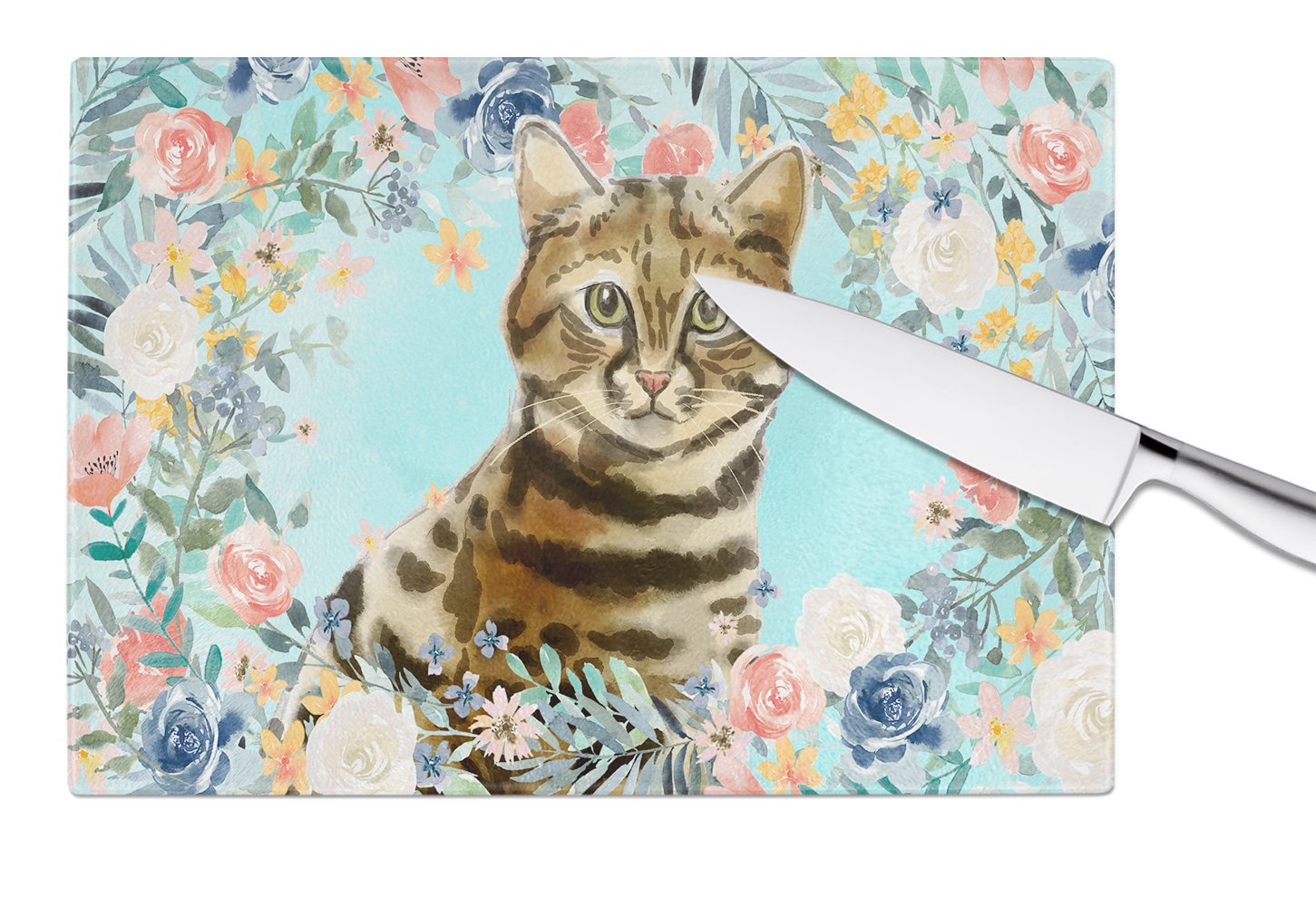 Bengal Spring Flowers Cutting Board Tempered Glass Kitchen Cutting Surface, Heat Resistant Chopping, Non-Slip Feet, Food Prep & Serving