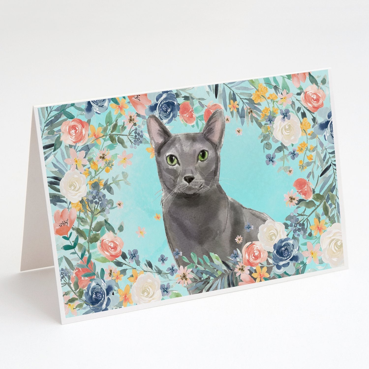 Blue Russian Spring Flowers Greeting Cards Pack of 8 Blank Cards with Envelopes Whimsical A7 Size 5x7