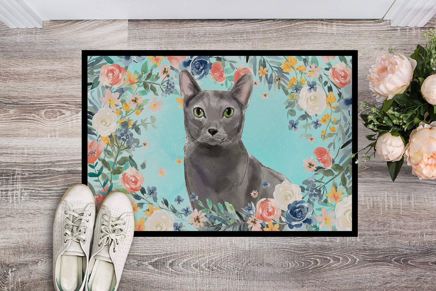 Blue Russian Spring Flowers Doormat Indoor Outdoor 24H X 36W Front Door Mat Rugs for Entryway, Non Slip Washable Low Pile,