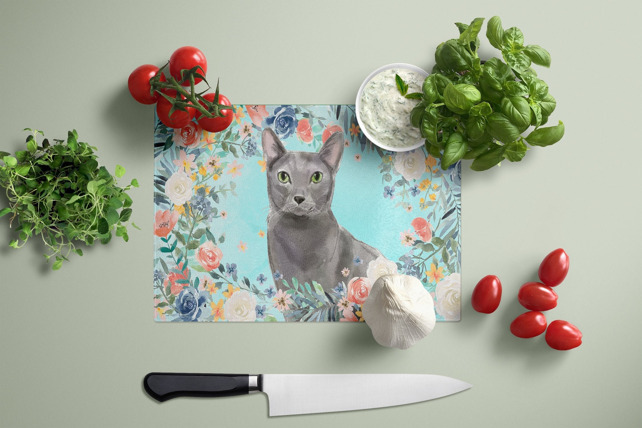 Blue Russian Spring Flowers Cutting Board Tempered Glass Kitchen Cutting Surface, Heat Resistant Chopping, Non-Slip Feet, Food Prep & Serving