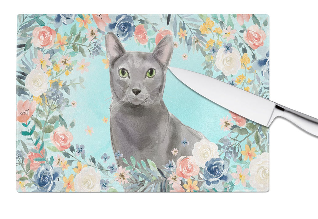 Blue Russian Spring Flowers Cutting Board Tempered Glass Kitchen Cutting Surface, Heat Resistant Chopping, Non-Slip Feet, Food Prep & Serving