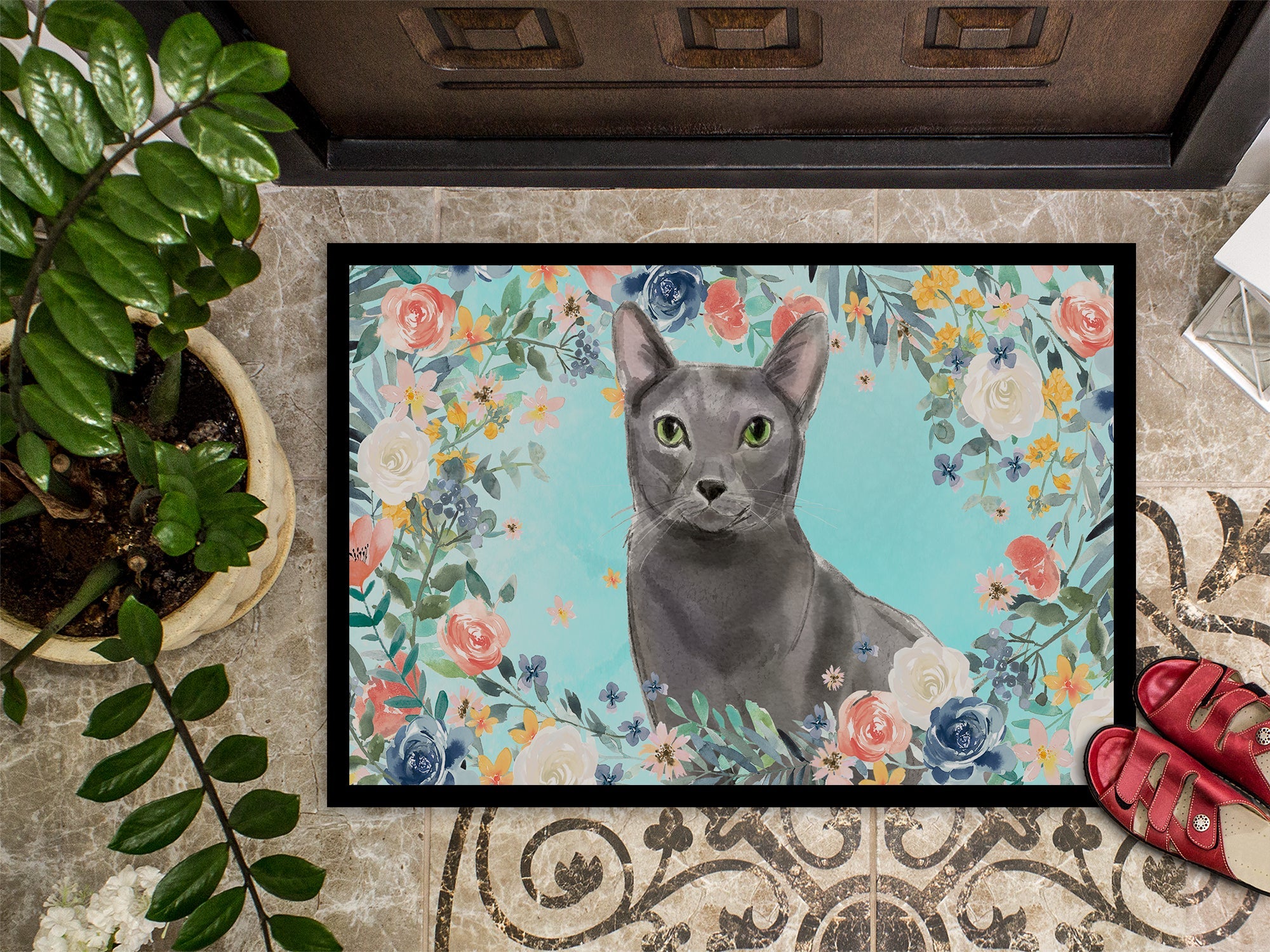 Blue Russian Spring Flowers Doormat Indoor Outdoor 18H X 27W Front Door Mat Rugs for Entryway, Non Slip Washable