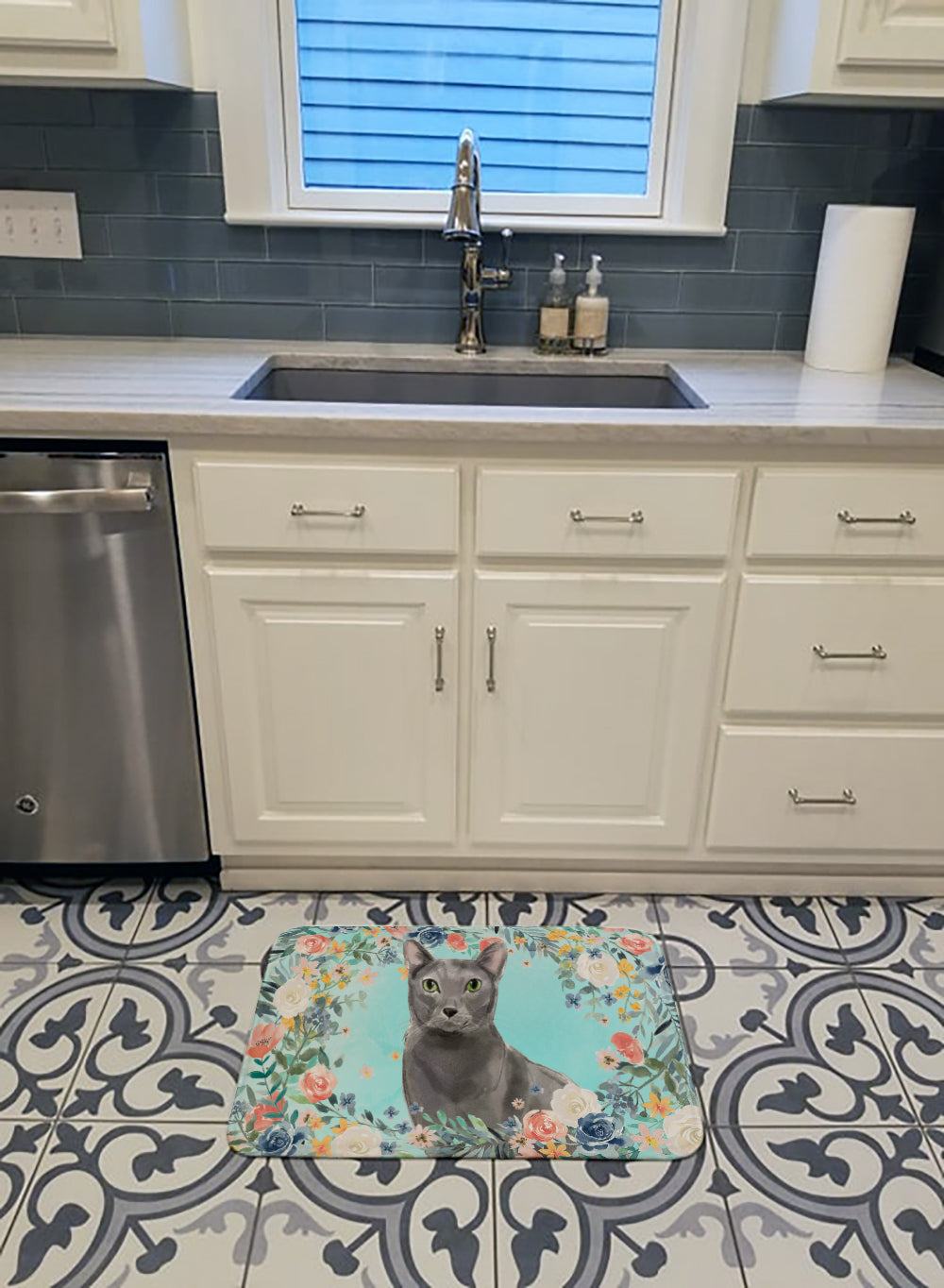 Blue Russian Spring Flowers Memory Foam Kitchen Mat Machine Washable Anti-Fatigue Cushion Comfort Bath or Kitchen Rug