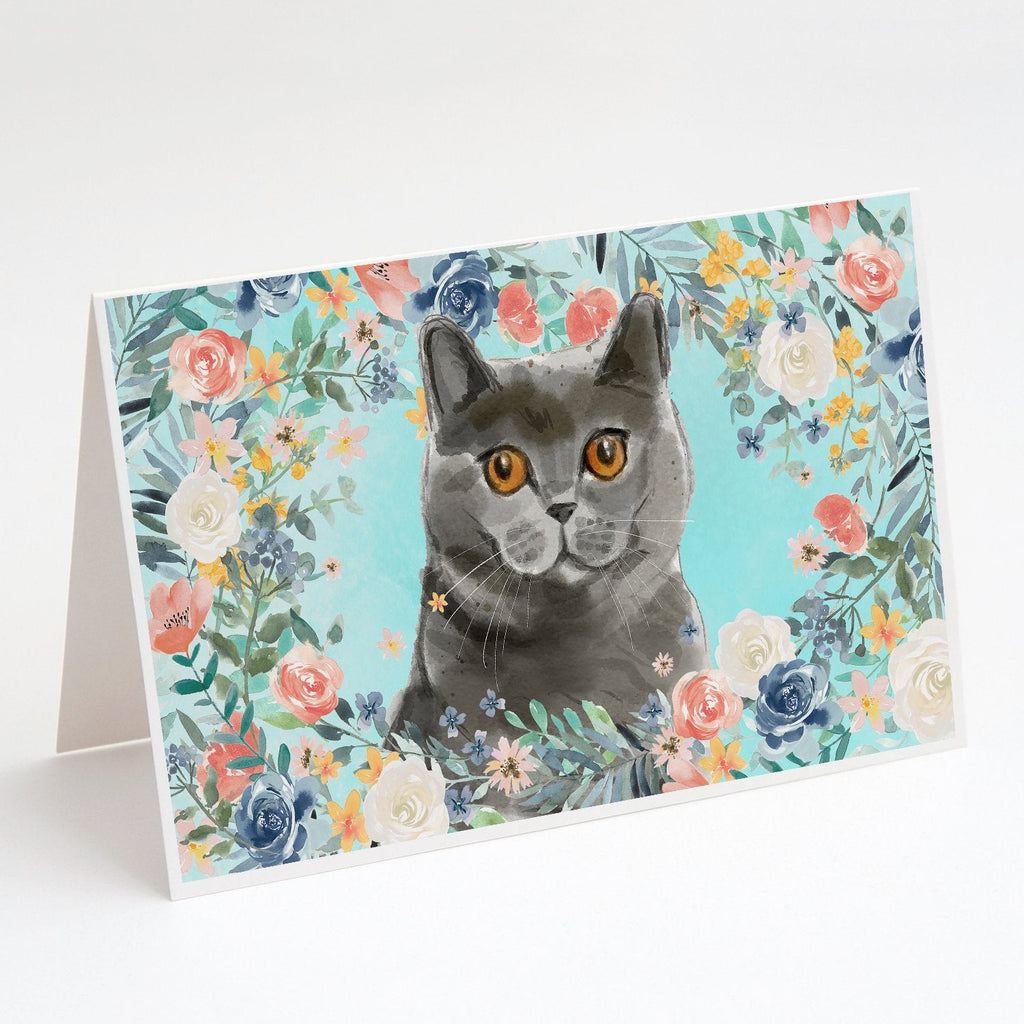 British Shorthair Spring Flowers Greeting Cards Pack of 8 Blank Cards with Envelopes Whimsical A7 Size 5x7