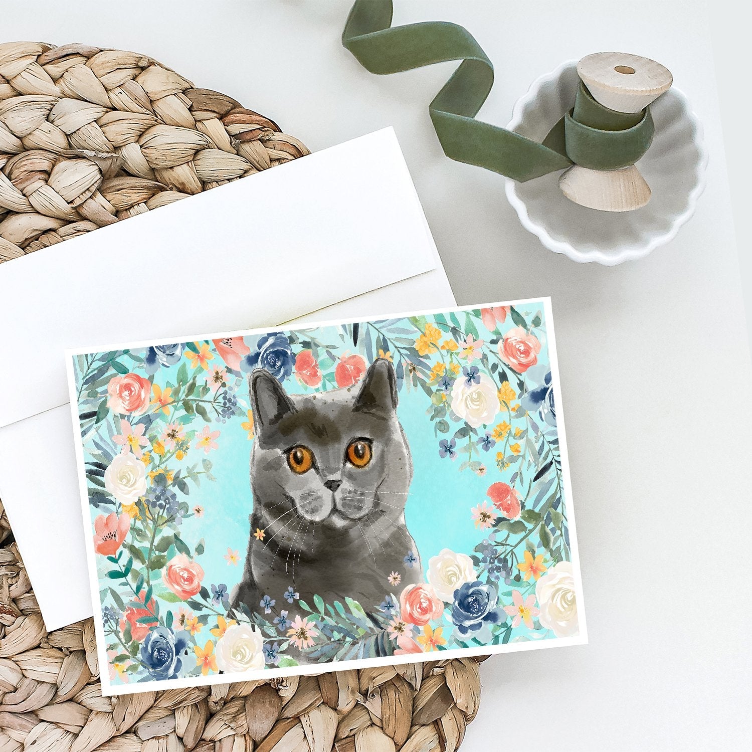 British Shorthair Spring Flowers Greeting Cards Pack of 8 Blank Cards with Envelopes Whimsical A7 Size 5x7