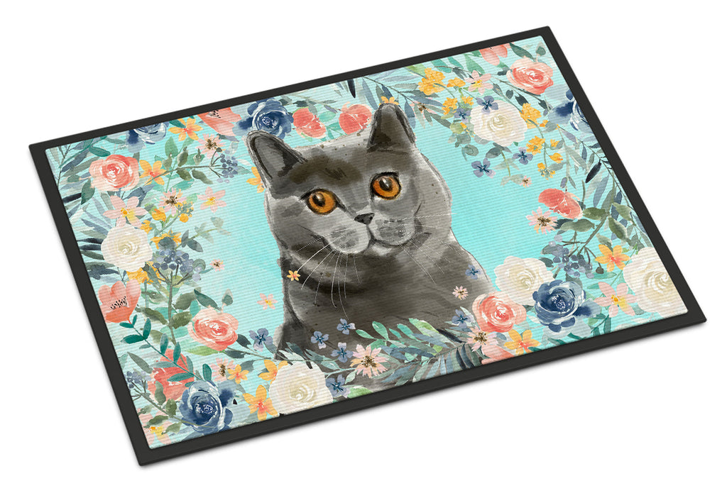British Shorthair Spring Flowers Doormat Indoor Outdoor 24H X 36W Front Door Mat Rugs for Entryway, Non Slip Washable Low Pile,