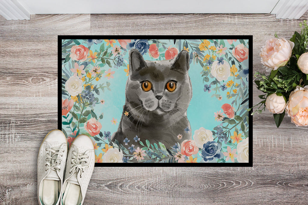 British Shorthair Spring Flowers Doormat Indoor Outdoor 24H X 36W Front Door Mat Rugs for Entryway, Non Slip Washable Low Pile,