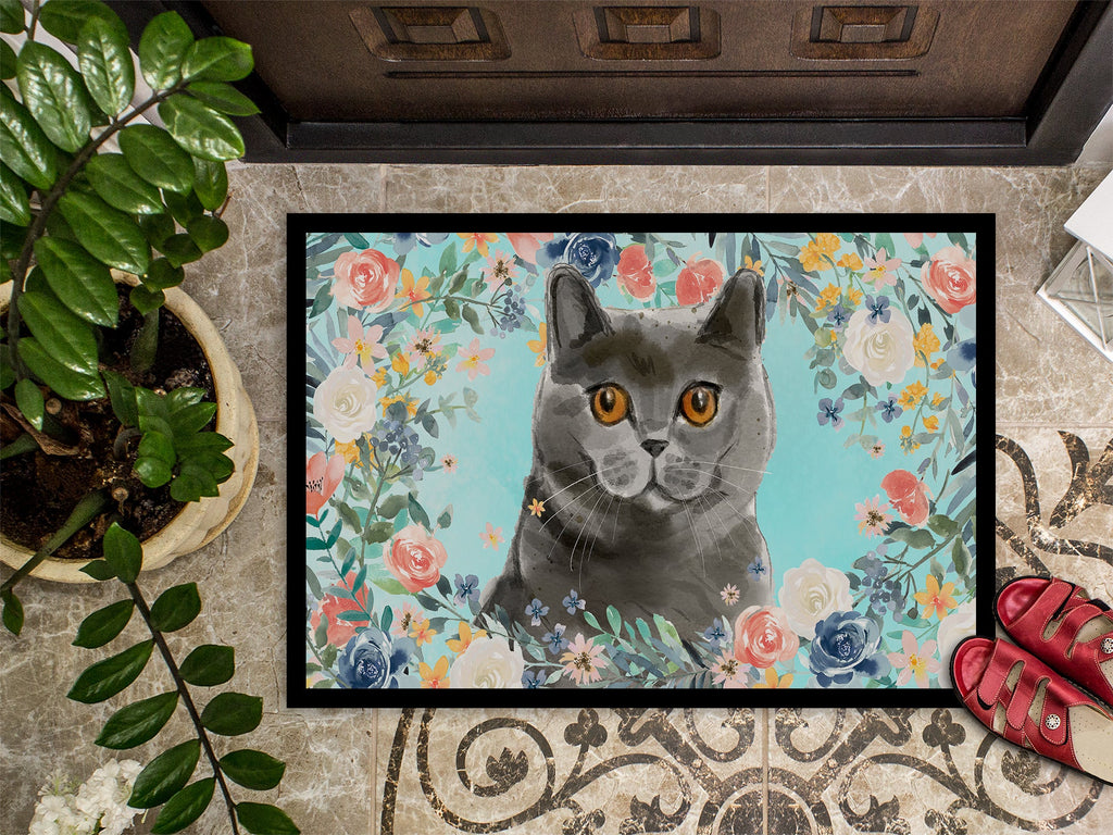 British Shorthair Spring Flowers Doormat Indoor Outdoor 24H X 36W Front Door Mat Rugs for Entryway, Non Slip Washable Low Pile,