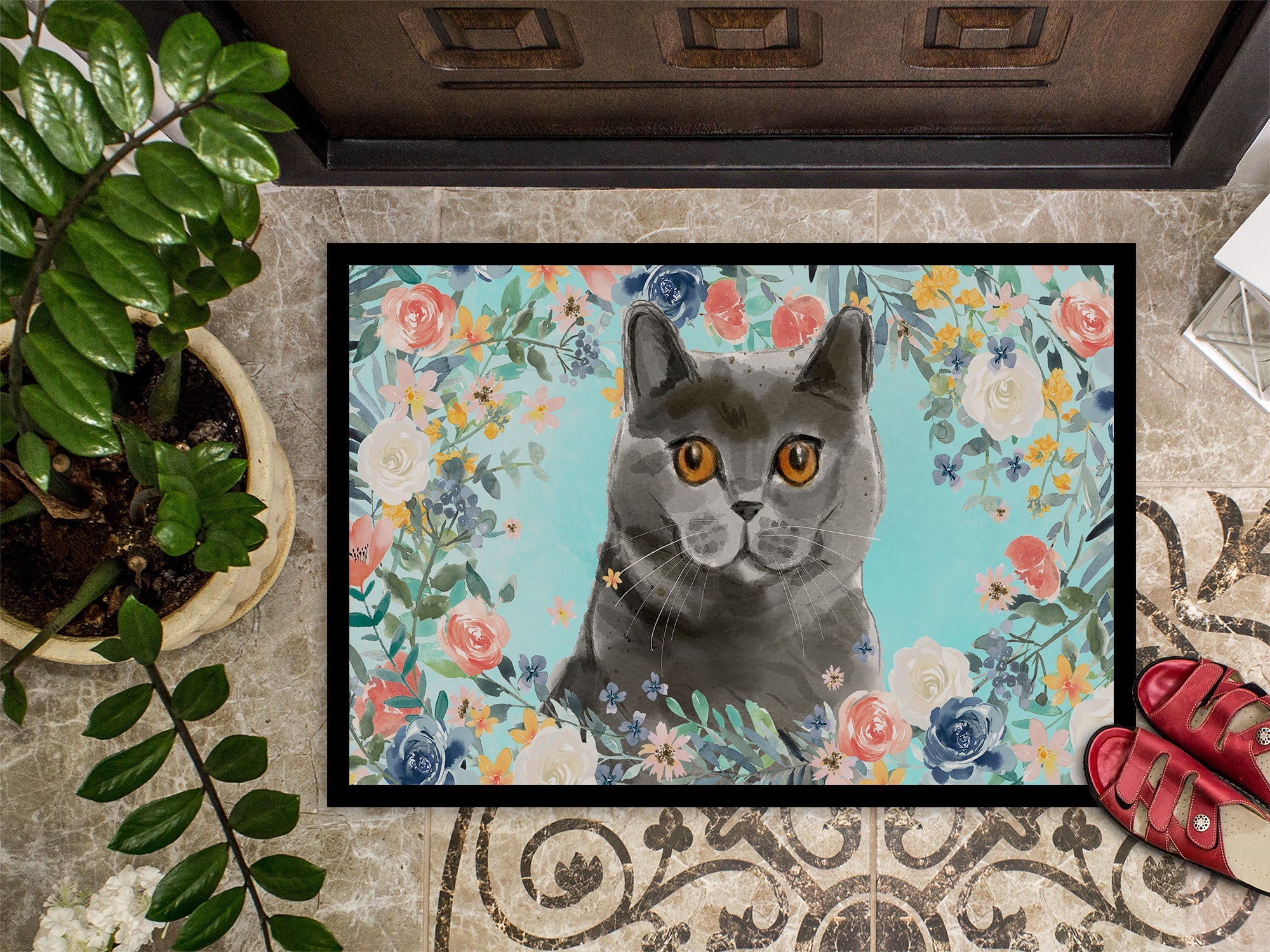 British Shorthair Spring Flowers Doormat Indoor Outdoor 24H X 36W Front Door Mat Rugs for Entryway, Non Slip Washable Low Pile,