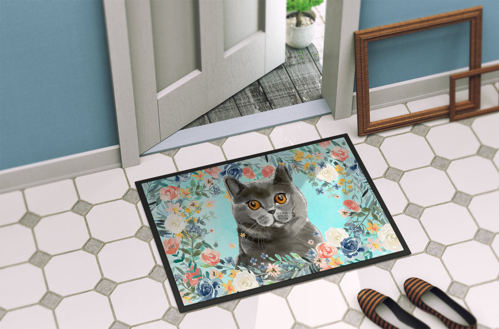 British Shorthair Spring Flowers Doormat Indoor Outdoor 24H X 36W Front Door Mat Rugs for Entryway, Non Slip Washable Low Pile,
