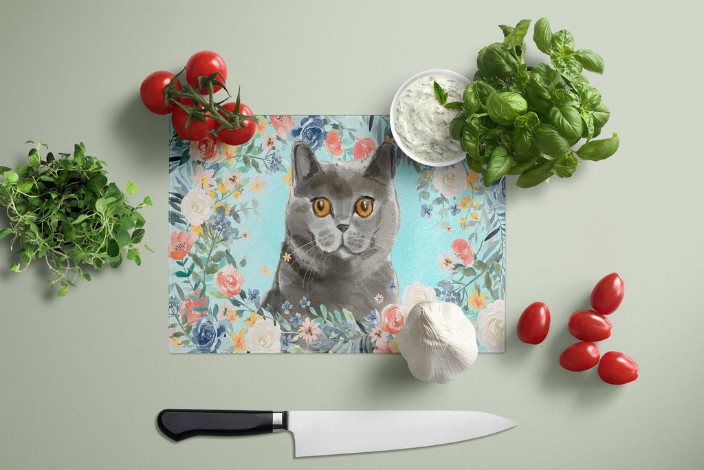 British Shorthair Spring Flowers Cutting Board Tempered Glass Kitchen Cutting Surface, Heat Resistant Chopping, Non-Slip Feet, Food Prep & Serving