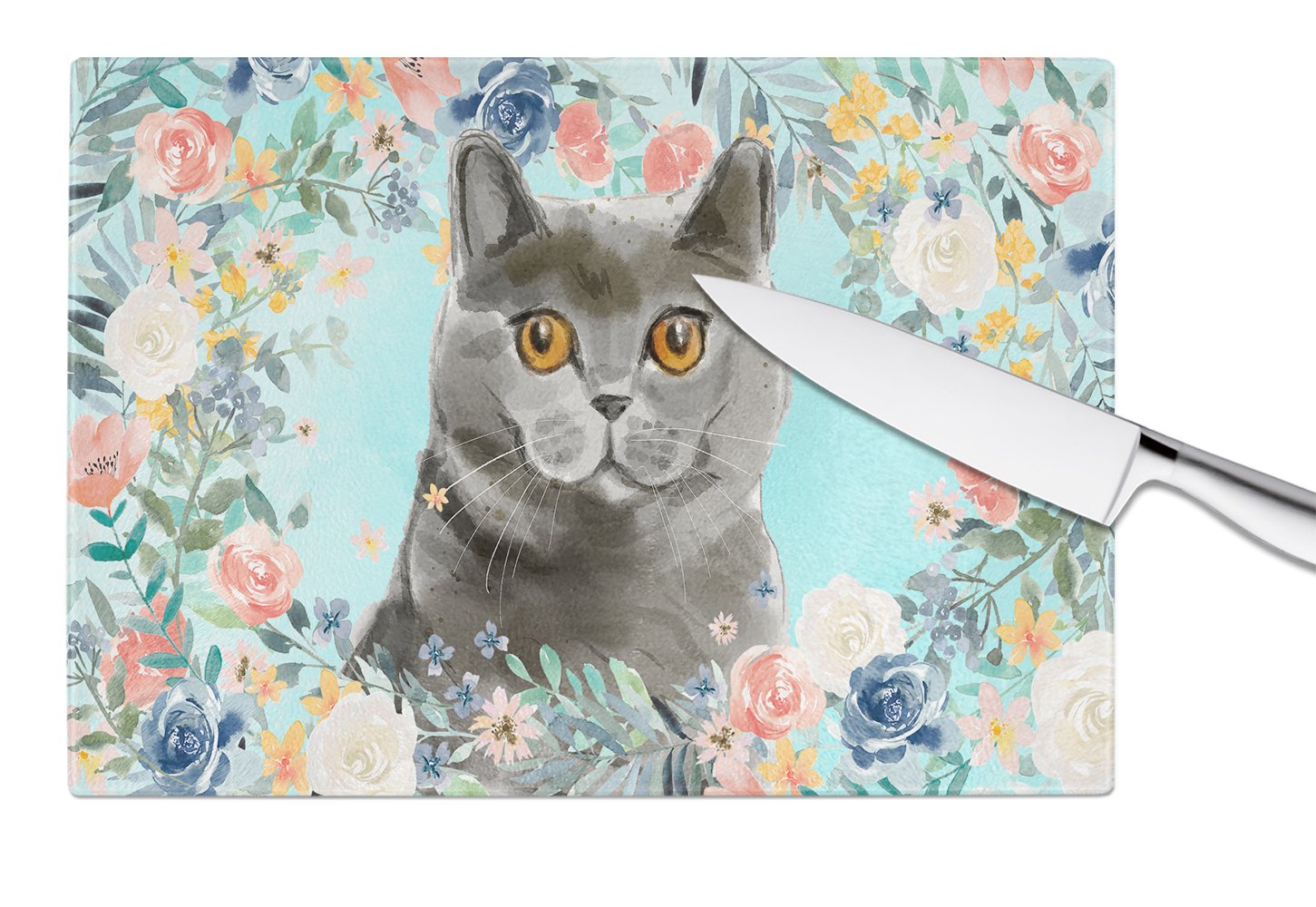 British Shorthair Spring Flowers Cutting Board Tempered Glass Kitchen Cutting Surface, Heat Resistant Chopping, Non-Slip Feet, Food Prep & Serving