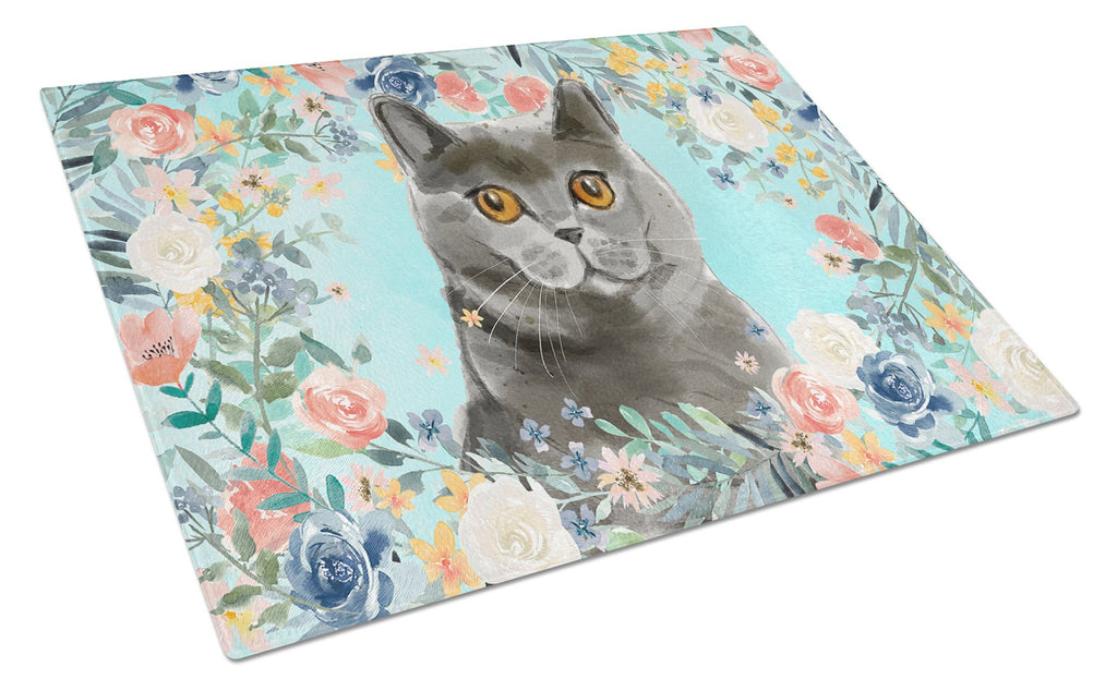 British Shorthair Spring Flowers Cutting Board Tempered Glass Kitchen Cutting Surface, Heat Resistant Chopping, Non-Slip Feet, Food Prep & Serving
