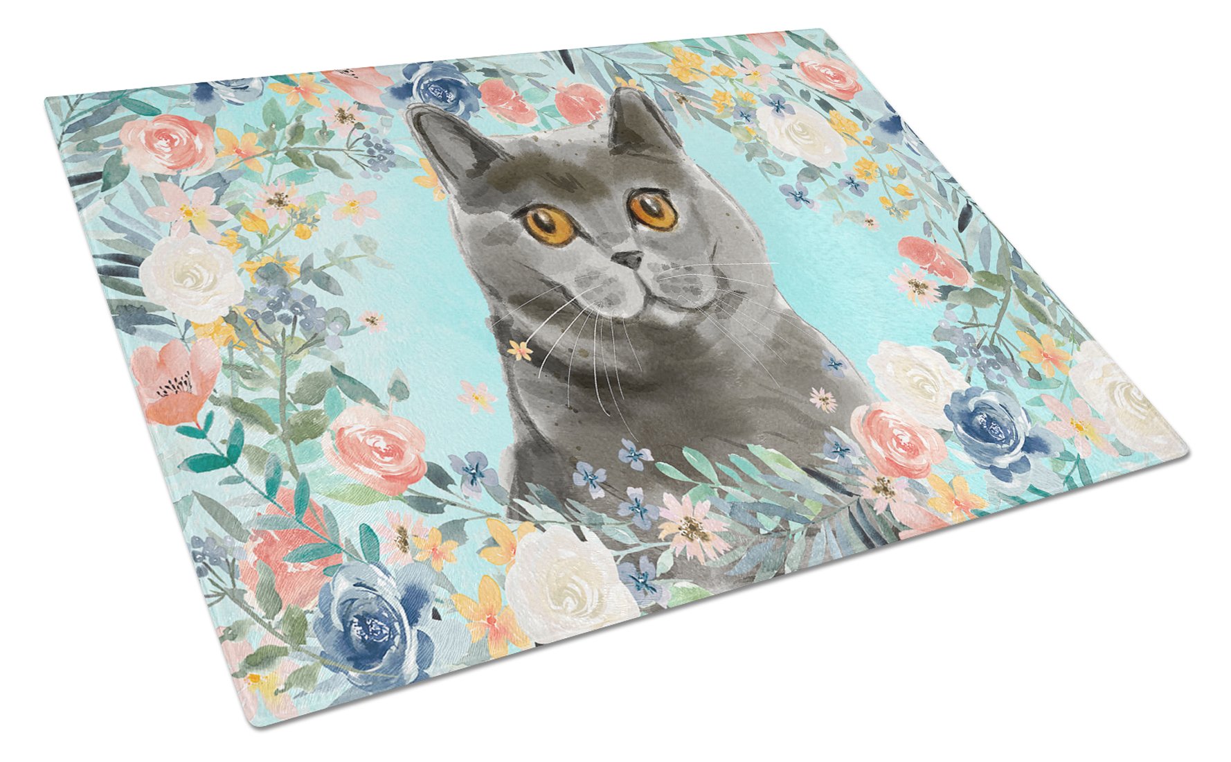 British Shorthair Spring Flowers Cutting Board Tempered Glass Kitchen Cutting Surface, Heat Resistant Chopping, Non-Slip Feet, Food Prep & Serving
