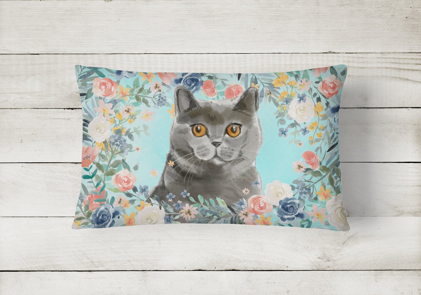 British Shorthair Spring Flowers Decorative Throw Pillow 12x16 Indoor Outdoor Accent Cushion, Fabric Cover with Insert for Sofa, Bed, Porch & Living Room