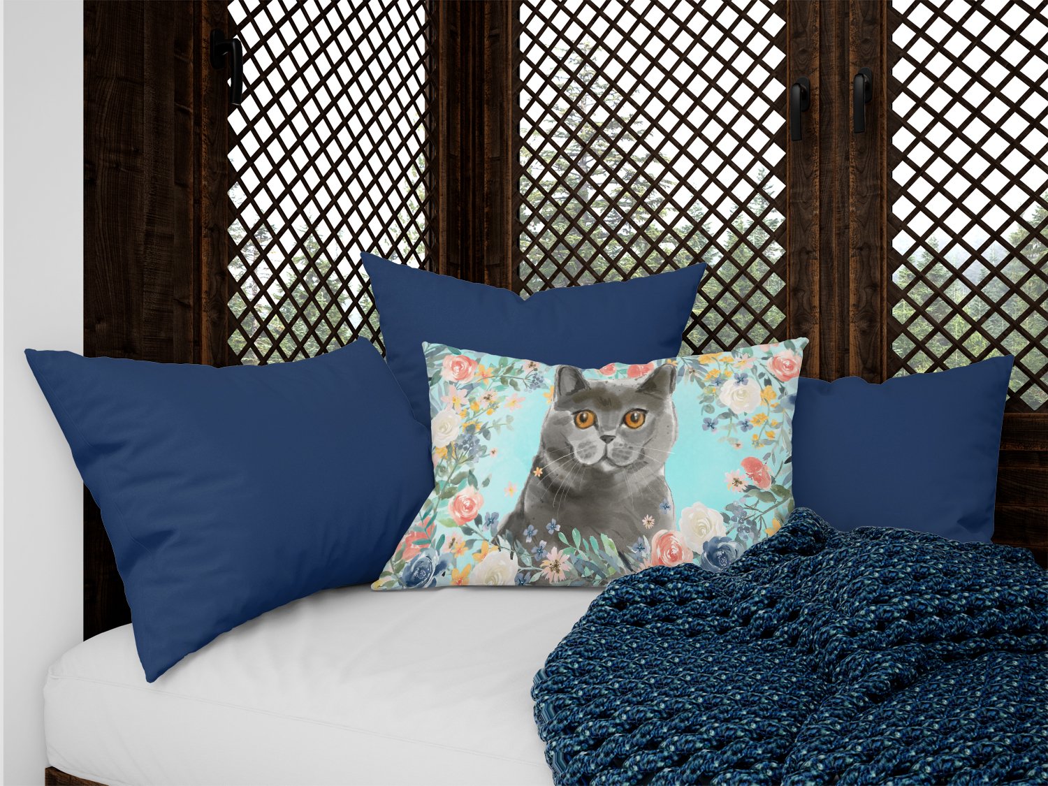British Shorthair Spring Flowers Decorative Throw Pillow 12x16 Indoor Outdoor Accent Cushion, Fabric Cover with Insert for Sofa, Bed, Porch & Living Room