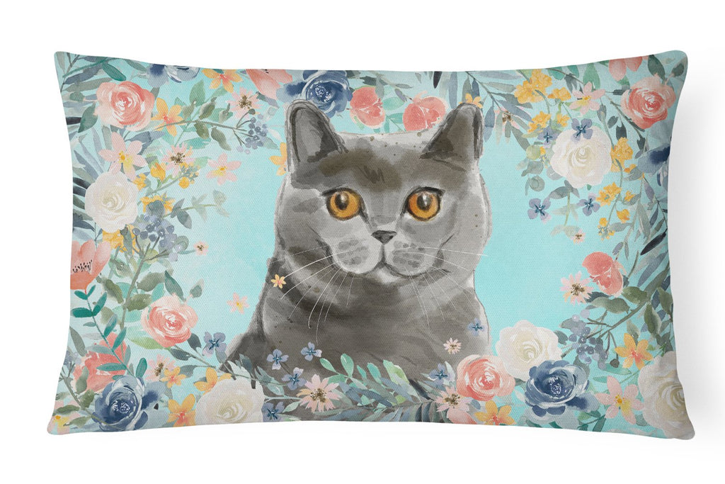 British Shorthair Spring Flowers Decorative Throw Pillow 12x16 Indoor Outdoor Accent Cushion, Fabric Cover with Insert for Sofa, Bed, Porch & Living Room