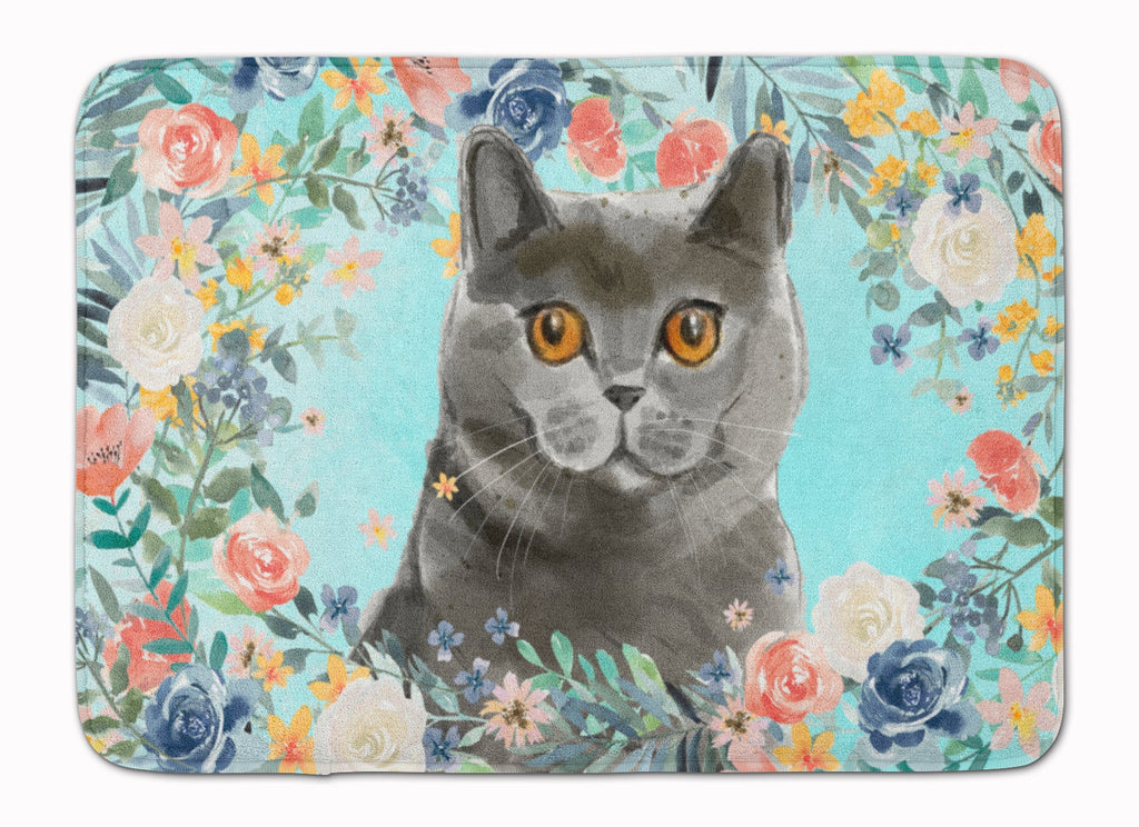 British Shorthair Spring Flowers Memory Foam Kitchen Mat Machine Washable Anti-Fatigue Cushion Comfort Bath or Kitchen Rug