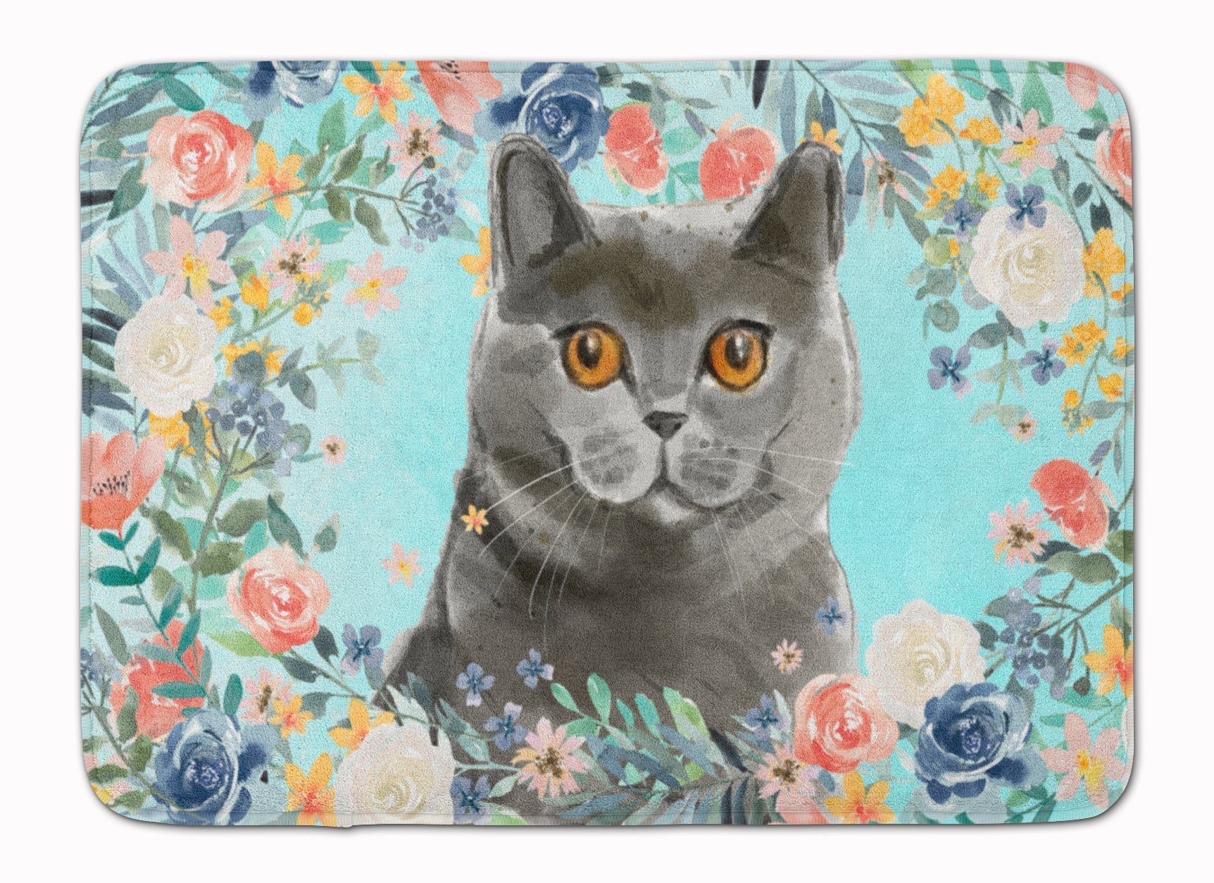 British Shorthair Spring Flowers Memory Foam Kitchen Mat Machine Washable Anti-Fatigue Cushion Comfort Bath or Kitchen Rug