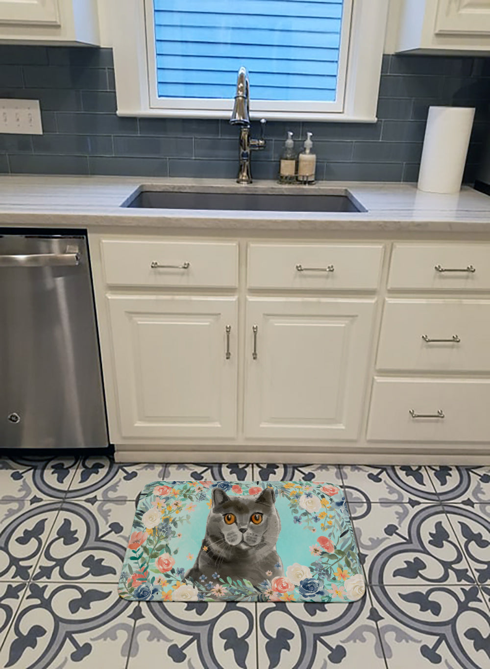 British Shorthair Spring Flowers Memory Foam Kitchen Mat Machine Washable Anti-Fatigue Cushion Comfort Bath or Kitchen Rug