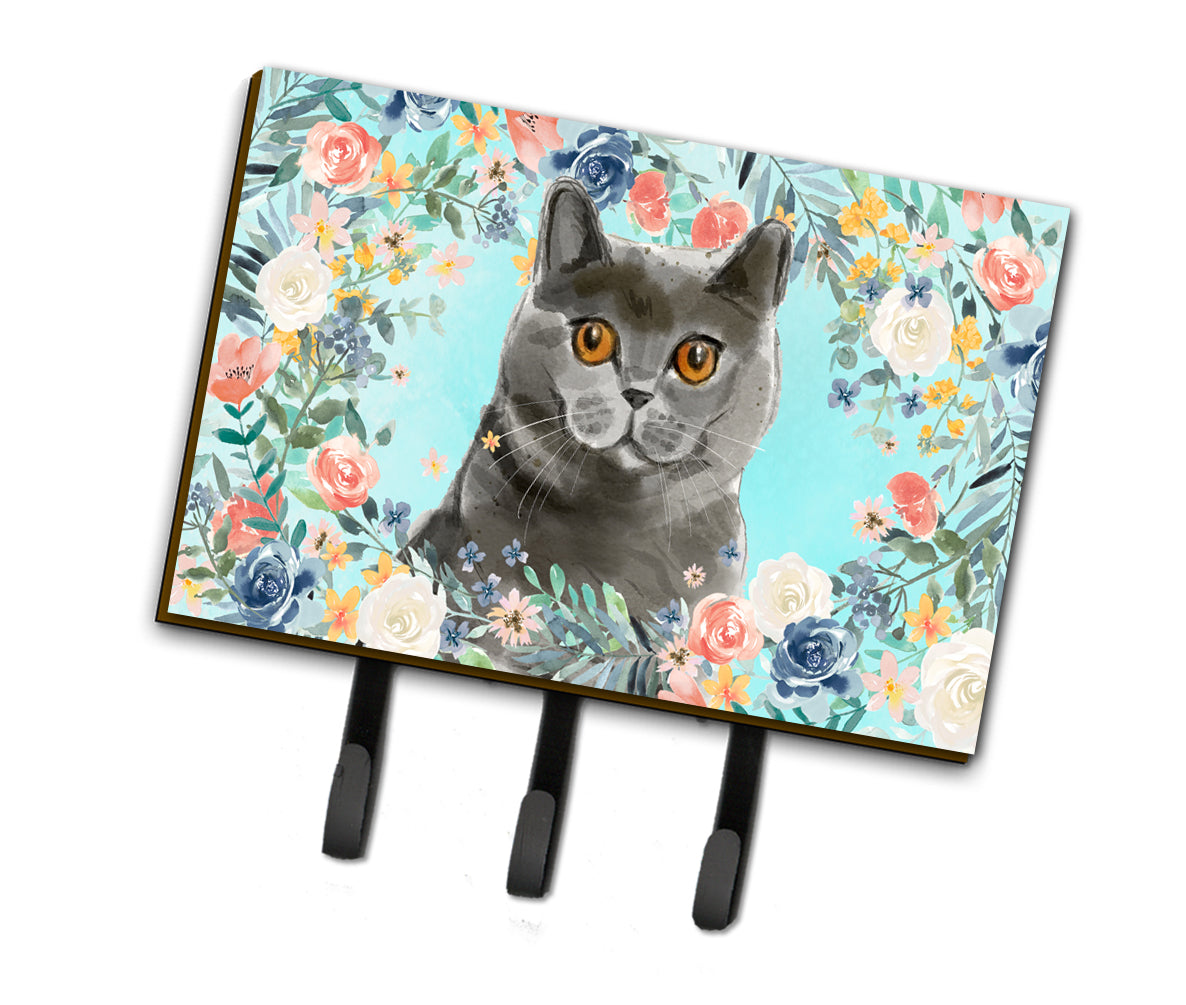 British Shorthair Spring Flowers Leash or Key Holder Wall Hooks, Coat Rack Wall Mount, for Hanging Keys, Towels, Aprons, Leashes