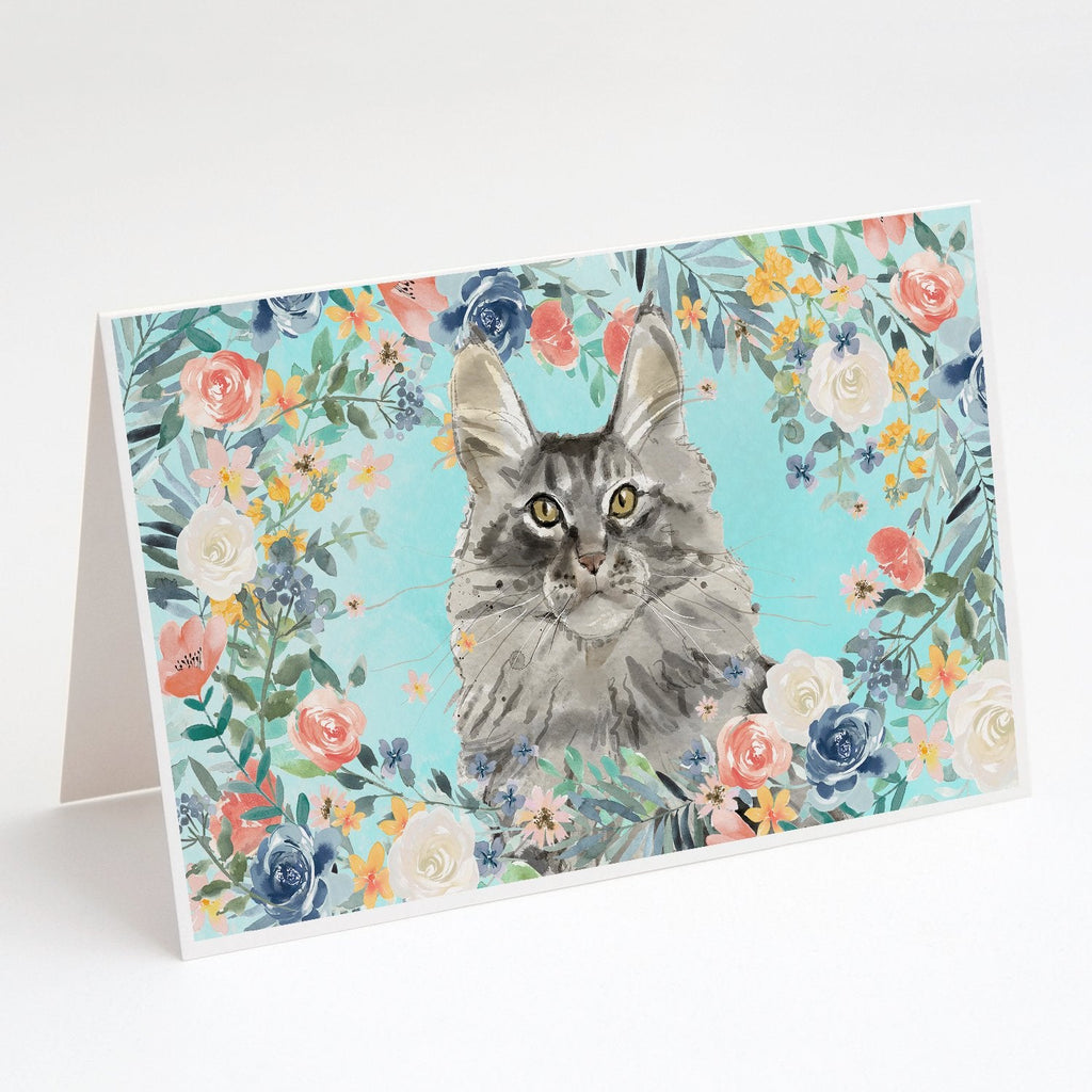 Maine Coon Spring Flowers Greeting Cards Pack of 8 Blank Cards with Envelopes Whimsical A7 Size 5x7
