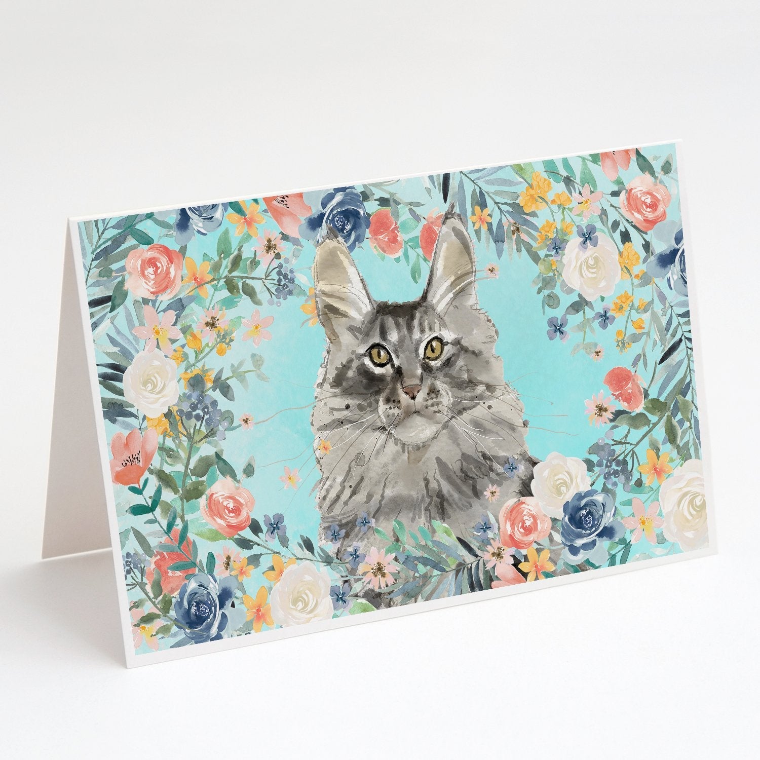 Maine Coon Spring Flowers Greeting Cards Pack of 8 Blank Cards with Envelopes Whimsical A7 Size 5x7