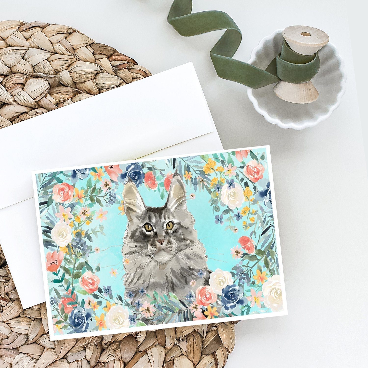 Maine Coon Spring Flowers Greeting Cards Pack of 8 Blank Cards with Envelopes Whimsical A7 Size 5x7