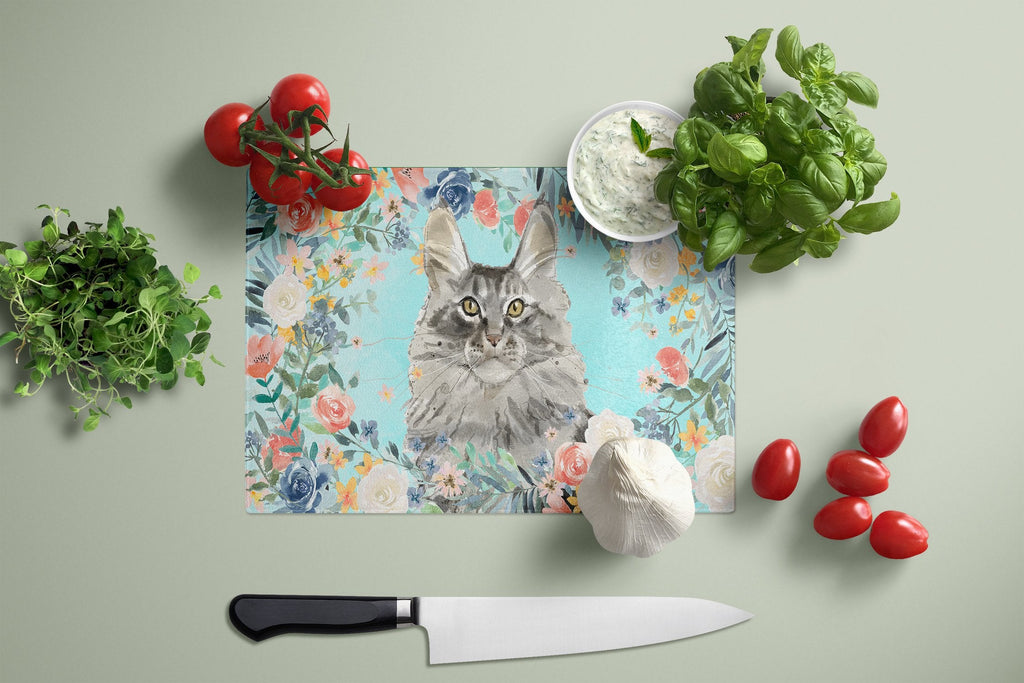 Maine Coon Spring Flowers Cutting Board Tempered Glass Kitchen Cutting Surface, Heat Resistant Chopping, Non-Slip Feet, Food Prep & Serving