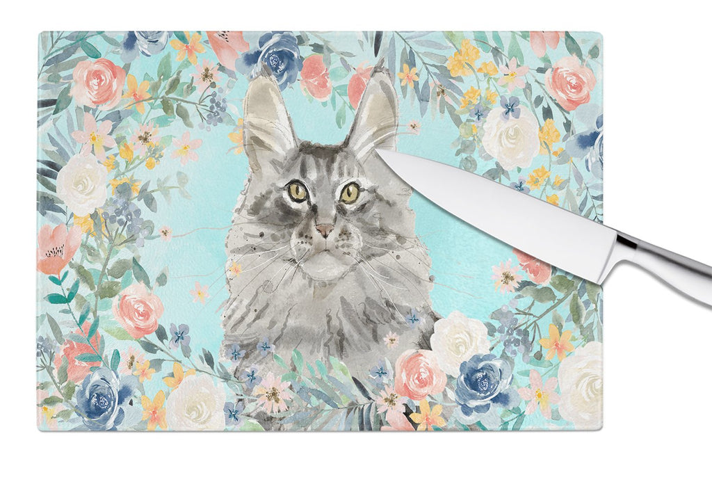 Maine Coon Spring Flowers Cutting Board Tempered Glass Kitchen Cutting Surface, Heat Resistant Chopping, Non-Slip Feet, Food Prep & Serving