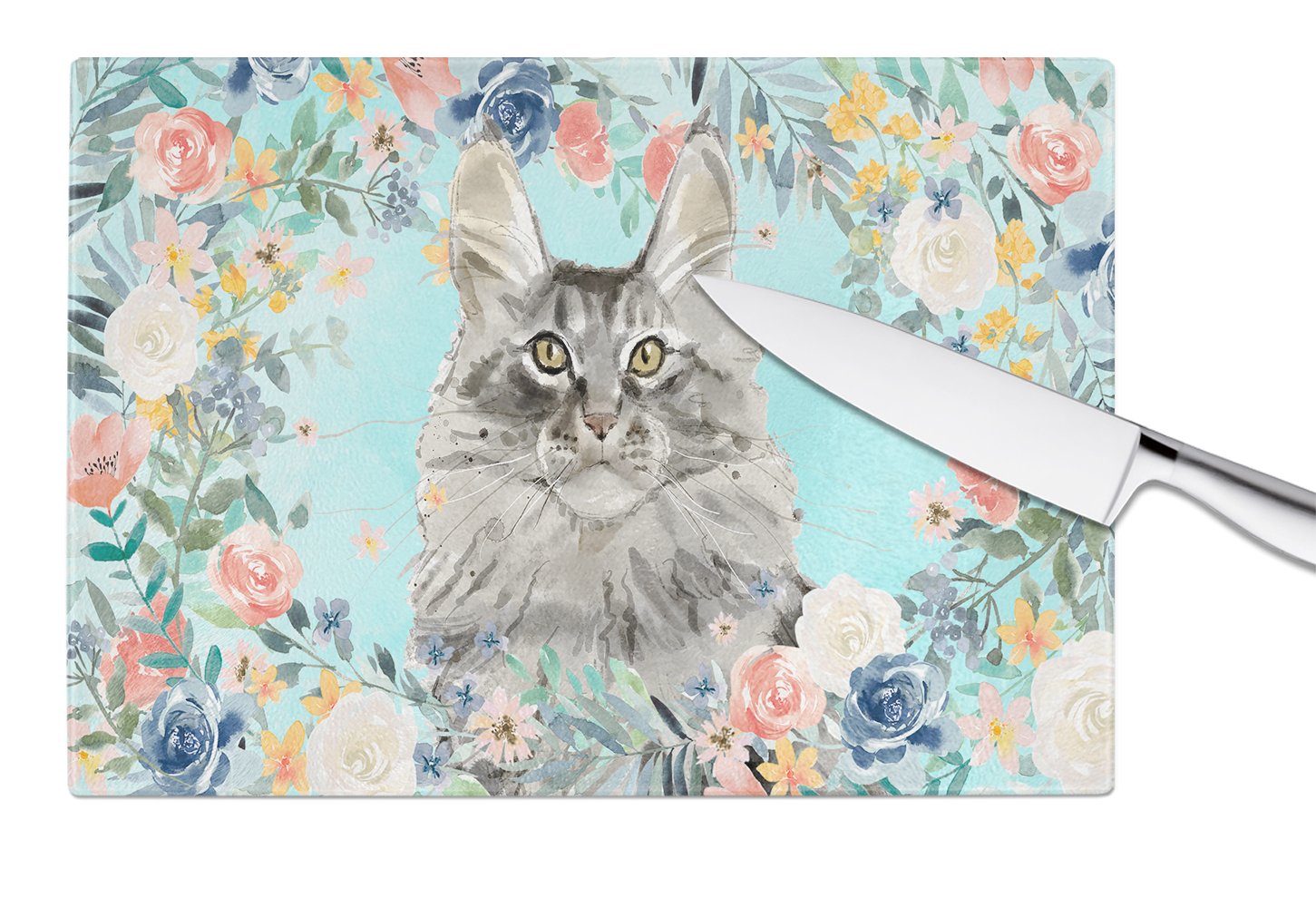 Maine Coon Spring Flowers Cutting Board Tempered Glass Kitchen Cutting Surface, Heat Resistant Chopping, Non-Slip Feet, Food Prep & Serving