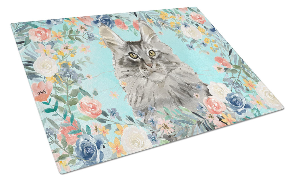 Maine Coon Spring Flowers Cutting Board Tempered Glass Kitchen Cutting Surface, Heat Resistant Chopping, Non-Slip Feet, Food Prep & Serving