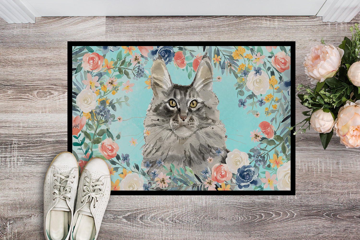 Maine Coon Spring Flowers Doormat Indoor Outdoor 18H X 27W Front Door Mat Rugs for Entryway, Non Slip Washable