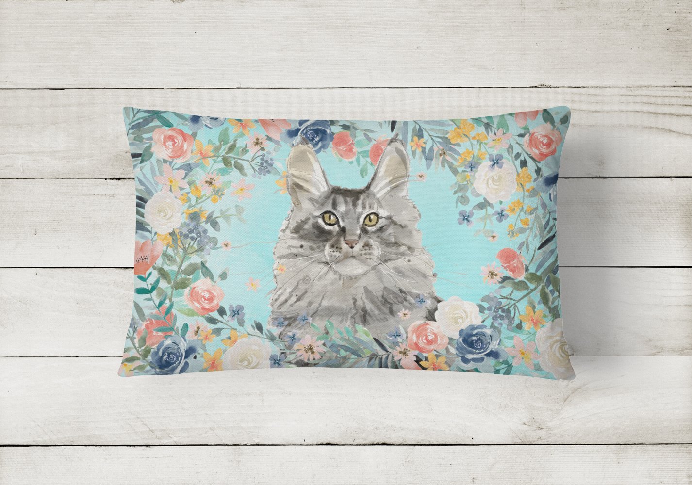 Maine Coon Spring Flowers Decorative Throw Pillow 12x16 Indoor Outdoor Accent Cushion, Fabric Cover with Insert for Sofa, Bed, Porch & Living Room