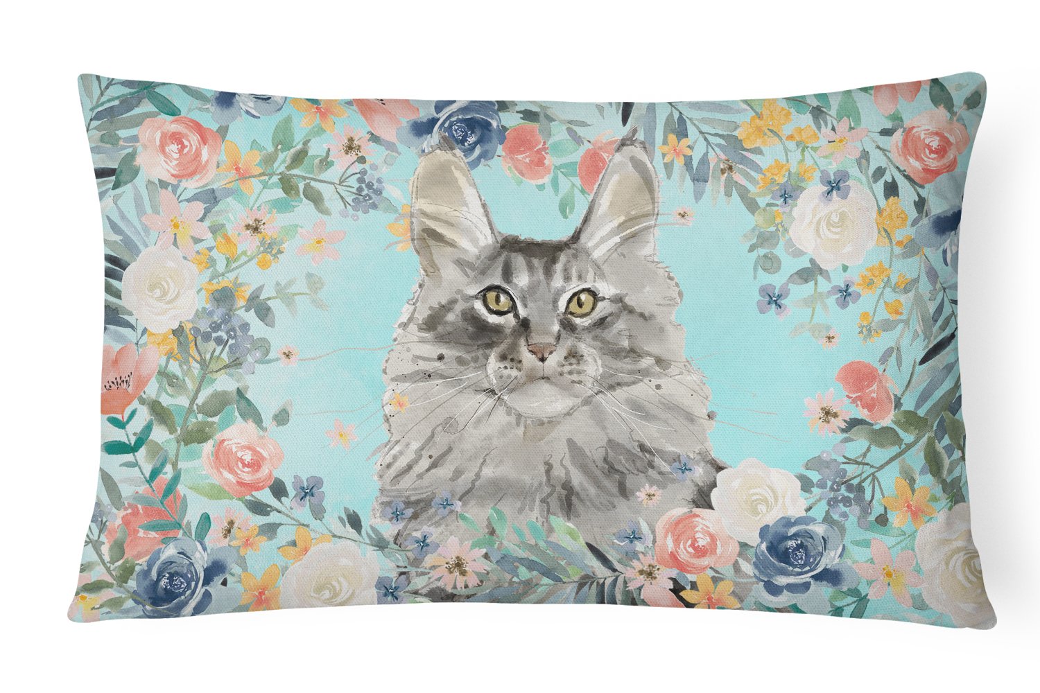 Maine Coon Spring Flowers Decorative Throw Pillow 12x16 Indoor Outdoor Accent Cushion, Fabric Cover with Insert for Sofa, Bed, Porch & Living Room