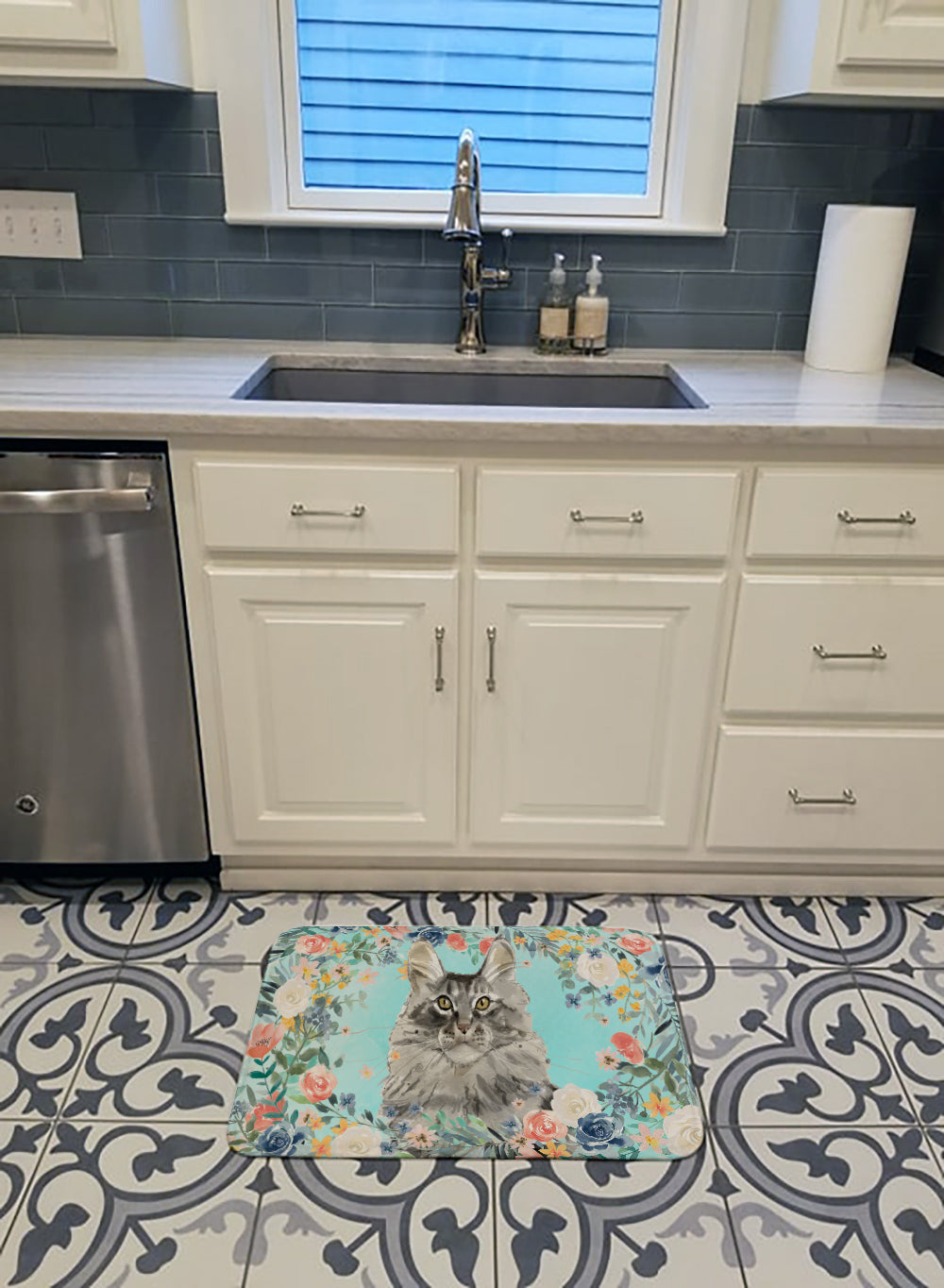 Maine Coon Spring Flowers Memory Foam Kitchen Mat Machine Washable Anti-Fatigue Cushion Comfort Bath or Kitchen Rug